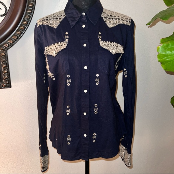 Ralph Lauren Denim & Supply Women’s Western Navy Blue 100% Cotton VTG Blouse XL - Picture 6 of 16